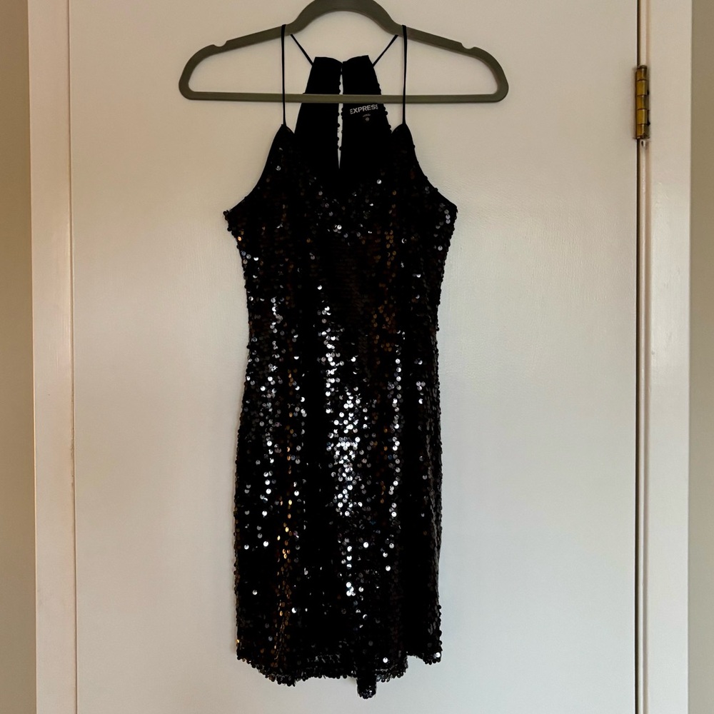Express Black Sequin Halter Dress